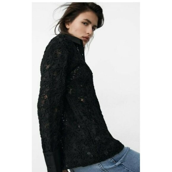 Zara Women’s Black Floral Embroidered Long Sleeve Button Up Lightweight Shirt S - Picture 3 of 11